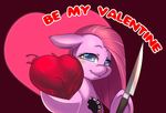  &lt;3 bakki blue_eyes english_text equine female feral friendship_is_magic fur gore grimdark hair holidays horse knife looking_at_viewer mammal my_little_pony pink_fur pink_hair pinkamena_(mlp) pinkie_pie_(mlp) pony smile solo text valentine&#039;s_day valentine's_day weapon 