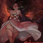  1girl angry black_hair breasts demon_horns facebook_username fangs horns japanese_clothes kamado_nezuko kimetsu_no_yaiba long_hair pink_eyes signature solo teeth thighs watermark web_address zhaoyebai 