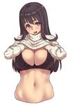  black_bra black_hair blush bra breasts cleavage clothes_lift houtengeki large_breasts long_hair looking_at_viewer navel open_mouth original purple_eyes ribbed_sweater simple_background solo sweater sweater_lift underwear white_background 