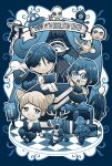  adjusting_eyewear alien blue_eyes blue_hair blue_theme book book_stack box checkered_floor chibi chibi_only closed_mouth commentary_request cone_hair_bun copyright_name creepypasta curtains double_bun eye_symbol faceless fukurai_azami full_body gift gift_box glasses hair_bun hand_on_eyewear highres holding holding_book jasmine_(toshi_densetsu_kaitai_center) long_hair long_sleeves meguriya_ayumu okiinae open_mouth reading reindeer shirt short_hair sign sitting slender_man smile standing this_man toshi_densetsu_kaitai_center tsuchinoko v 
