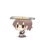  blush chibi flight_deck jitome kaga_(kantai_collection) kantai_collection lowres muneate object_on_head on_head rebecca_(keinelove) short_hair side_ponytail sitting solid_circle_eyes solo 