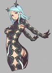  :o aqua_eyes ass bodysuit breasts cleavage cleavage_cutout cropped_legs grey_background houtengeki looking_at_viewer looking_back medium_breasts open_mouth original pink_eyes simple_background sketch solo twisted_torso 