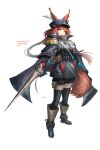  1girl absurdres animal_ears arknights artist_name black_dress black_hat black_shorts black_thighhighs boots bright_pupils brown_boots character_name closed_mouth commentary dress flametail_(arknights) franlol full_body hat highres holding holding_weapon long_hair long_sleeves looking_at_viewer orange_eyes red_hair shorts simple_background smile solo squirrel_ears squirrel_girl squirrel_tail standing tail thighhighs weapon white_background white_pupils 