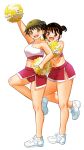  2girls arm_up bare_arms bare_shoulders brown_eyes brown_hair cheerleader commentary_request crop_top double_bun full_body green_hair hair_bun hand_on_own_hip highres holding holding_pom_poms kijitani_ayano looking_at_viewer midriff multiple_girls navel open_mouth pom_pom_(cheerleading) ponytail red_skirt shiratori_kanon shoes simple_background skirt skort smile sogabe_toshinori standing standing_on_one_leg teeth upper_teeth_only white_background white_shoes yankee_jk_kuzuhana-chan yellow_eyes 