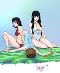  barefoot black_hair blue_eyes blue_swimsuit breasts brown_hair covered_navel diepod fallen_down highleg highleg_swimsuit highres kill_la_kill kiryuuin_satsuki legs_together long_hair mankanshoku_mako matoi_ryuuko medium_breasts multiple_girls one-piece_swimsuit sitting swimsuit tankini toned white_swimsuit yokozuwari 