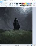  1other art_program_in_frame black_cloak christian_young cloak cloud cloudy_sky commentary creighton_of_mirrah dark_cloud dark_souls_(series) dark_souls_ii english_commentary faceless facing_viewer hill hood hood_up microsoft_paint_(medium) microsoft_paint_(software) painterly screenshot sky solo standing 
