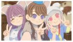  3girls ^_^ blue_shirt blush_stickers border brown_hair closed_eyes closed_mouth commentary_request diagonal_bangs double_v facing_viewer fujishima_megumi grey_hair grey_shirt hanamiya_nina hasu_no_daisankaku highres link!_like!_love_live! long_hair looking_at_viewer love_live! meidosan multicolored_hair multiple_girls otomune_kozue photo-referenced pink_eyes purple_eyes purple_hair raised_inner_eyebrows sasaki_kotoko shirt short_sleeves sidelocks smile split_mouth streaked_hair swept_bangs tsukine_kona twitter_username v virtual_youtuber voice_actor_connection white_border white_shirt yugiri_tsuzuri 