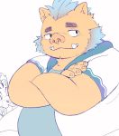  2019 anthro belly boar brown_fur clothing fur gouryou humanoid_hands lagoon_bluebear male mammal mohawk overweight overweight_male porcine shirt simple_background solo tokyo_afterschool_summoners tusks video_games white_background 