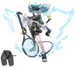  absurdres amamiyayk animal_ears ass ball black_gloves blue_hair braid cat_ears full_body gloves hat highres looking_at_viewer orange_eyes original racket shoes short_hair solo tail tennis tennis_ball tennis_racket twin_braids white_background 