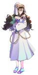  1girl bare_shoulders black_hair chain closed_mouth commentary_request dress fantasy_life fantasy_life_i:_the_girl_who_steals_time flask full_body hat highres holding holding_flask jewelry long_hair looking_at_viewer mira_(fantasy_life) necklace plant purple_eyes sandals simple_background solo standing wavy_hair white_background white_dress white_hat yachimata_1205 
