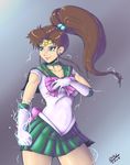  back_bow bishoujo_senshi_sailor_moon bow brown_hair choker earrings elbow_gloves electricity gloves green_eyes green_sailor_collar green_skirt hair_bobbles hair_ornament jewelry kino_makoto long_hair magical_girl pink_bow ponytail randomboobguy revision sailor_collar sailor_jupiter sailor_senshi_uniform skirt smile solo tiara white_gloves 