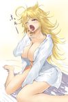  blonde_hair breasts dress_shirt highres huge_breasts kyougoku_touya long_hair messy_hair open_clothes open_shirt shirt weapon_girls yawning yuuno_(weapon_girls) 