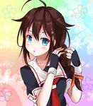  adjusting_hair ahoge bad_id bad_pixiv_id black_hair blue_eyes blush braid gloves hair_ornament hair_over_shoulder hairclip kantai_collection long_hair looking_at_viewer remodel_(kantai_collection) rin_yuu school_uniform serafuku shigure_(kantai_collection) single_braid solo 