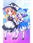  :&lt; apron blonde_hair blue_eyes blue_hair blush bow cirno dress flower gradient gradient_background hair_bow hat hat_ribbon high_collar ice ice_wings kirisame_marisa kneehighs long_hair looking_at_viewer mary_janes multiple_girls open_mouth puffy_short_sleeves puffy_sleeves ribbon shoes short_hair short_sleeves skirt skirt_set takojiru touhou waist_apron wings witch_hat yellow_eyes 