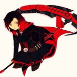  1girl black_hair cape frills medium_hair red_cape red_hair ruby_rose rwby scythe short_hair silver_eyes theory168 weapon white_background 