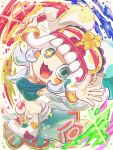  1girl :d armpits blue_skirt bracelet fang fantasy_life fantasy_life_i:_the_girl_who_steals_time grey_eyes highres jewelry meime_(fantasy_life) mismatched_pupils multicolored_hair paintbrush runachikku skirt smile white_hair 