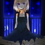  blonde_hair book collarbone dress looking_away lowres purple_eyes short_hair smile solo star usotsuki yume_nisshi 