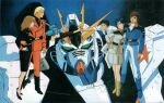  1980s_(style) 3boys 3girls absurdres amuro_ray artist_request black_hair blonde_hair brown_hair chan_agi char&#039;s_counterattack char_aznable earth_federation_space_forces green_eyes gundam hathaway_noa highres holding_hands key_visual long_hair machinery mecha military_uniform mobile_suit multiple_boys multiple_girls nanai_miguel neo_zeon nu_gundam official_art production_art promotional_art quess_paraya reaching reaching_towards_another retro_artstyle robot scan science_fiction short_hair traditional_media v-fin 