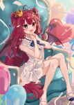  1girl ahoge balloon blue_eyes blush commentary_request crescent crescent_hair_ornament crown demon_girl demon_wings dress hair_ornament heart_balloon heterochromia highres knees_together_feet_apart legs long_hair nijisanji open_mouth red_eyes red_hair rino_cnc shoes sitting smile solo virtual_youtuber white_dress white_shoes wings yuzuki_roa yuzuki_roa_(3rd_costume) 