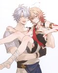  2boys absurdres aged_down antenna_hair arm_tattoo armlet bandaged_leg bandages black_shirt black_shorts blonde_hair braid carrying carrying_person chest_tattoo closed_eyes commentary donburi_rn facial_tattoo gold_necklace gradient_hair grey_shirt hadanugi_dousa hair_between_eyes highres honkai:_star_rail honkai_(series) jewelry male_focus medium_hair multicolored_hair multiple_boys mydei_(a_trail_of_bygone_blood)_(honkai:_star_rail) mydei_(honkai:_star_rail) neck_tattoo necklace official_alternate_costume parted_bangs phainon_(a_dream_scented_in_wheat)_(honkai:_star_rail) phainon_(honkai:_star_rail) princess_carry red_hair red_tattoo shirt short_hair shorts side_braid simple_background sleeveless sleeveless_shirt sun_symbol sun_tattoo tattoo torn_clothes torn_shirt torn_shorts white_background white_hair yellow_eyes 