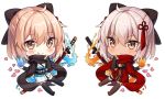  2girls :&lt; ahoge arm_garter bangs black_legwear blue_fire blush bow breasts brown_bow brown_eyes brown_legwear brown_scarf chibi cleavage closed_mouth commentary dark_skin dress english_commentary eyebrows_visible_through_hair fate/grand_order fate_(series) fire hair_between_eyes hair_bow hair_ornament hitsukuya japanese_clothes katana kimono koha-ace large_breasts light_brown_hair looking_at_viewer multiple_girls obi okita_souji_(alter)_(fate) okita_souji_(fate) okita_souji_(fate)_(all) petals red_dress red_scarf sash scarf sheath sheathed short_kimono simple_background smile sword tassel thighhighs weapon white_background white_kimono 