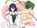  1girl black_hair blue_eyes blush breasts cleavage cosplay green_hair kill_la_kill kuma_yuu mask matoi_ryuuko medium_breasts multicolored_hair nude oversized_clothes red_hair sanageyama_uzu sanageyama_uzu_(cosplay) short_hair shoulder_spikes spikes sweatdrop two-tone_hair weapon_bag 