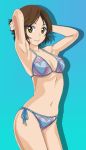  1girl armpits arms_behind_head arms_up bare_legs bikini blue_bikini breasts brown_eyes brown_hair cleavage heart heart_print looking_at_viewer medium_breasts navel sawabe_tsubaki shigatsu_wa_kimi_no_uso shiny shiny_skin short_hair side-tie_bikini smile solo swimsuit 