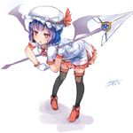  adapted_costume ascot bat_wings bent_over black_legwear blue_hair dress gloves hat hat_ribbon highres mob_cap myero polearm red_hair red_string remilia_scarlet ribbon signature solo spear string thighhighs touhou weapon white_dress white_gloves wings zettai_ryouiki 