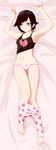  1girl armpits brown_hair dakimakura grey_eyes kimmy77 lying medium_hair midriff panties pants_down red_hair ruby_rose rwby short_hair silver_eyes sleepwear solo underwear 