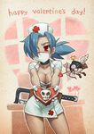  1girl arrow blue_hair blush bomb bow_(weapon) box breasts choker cleavage commentary cupid dress english english_commentary eyepatch george_the_bomb gift gift_box gloves hat heart lab_zero_games looking_away mask medium_breasts nurse nurse_cap official_art red_cross red_eyes saw short_dress skull skullgirls solo speh surgical_mask symbol-shaped_pupils valentine valentine_(skullgirls) weapon wings 