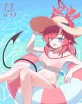  1girl :d absurdres bare_legs bare_shoulders bikini bikini_under_clothes bikini_visible_through_clothes black_tail blue_archive blue_eyes breasts cleavage collarbone crime_xiaolun crop_top cropped_shirt dated demon_girl demon_horns demon_tail fang feet_out_of_frame floating halo halterneck hat highres horns horns_through_headwear knees_together_feet_apart knees_up large_breasts long_hair long_sleeves looking_at_viewer lying megu_(blue_archive) megu_(swimsuit)_(blue_archive) midriff navel off_shoulder on_back on_innertube open_mouth outdoors parted_bangs pointy_ears red_bikini red_hair red_halo red_horns red_innertube see-through_clothes see-through_shirt shirt skin_fang sleeves_past_wrists smile solo straw_hat striped_innertube sun_hat swept_bangs swimsuit tail tail_raised water white_innertube white_shirt 