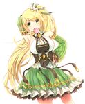  arm_up armpits blonde_hair breasts candy cleavage corset detached_sleeves elsword flower food food_in_mouth frills green_eyes green_skirt green_sleeves hair_flower hair_ornament hair_ribbon hand_on_hip highres large_breasts lily_(flower) lollipop long_hair luoz mouth_hold pointy_ears ponytail rena_(elsword) ribbon skirt smile solo swirl_lollipop white_background wind_sneaker_(elsword) 