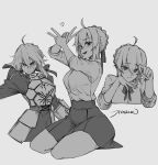  1girl ahoge armor arms_up artist_name artoria_pendragon_(fate) braid braided_bun choppy_bangs english_text hair_between_eyes hair_bun highres jeffraeson looking_at_viewer monochrome multiple_views pleated_skirt saber_(fate) sidelocks signature simple_background sitting skirt thighs v white_background 