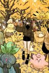  autumn bag bag_charm black_socks blonde_hair blunt_bangs bob_cut charm_(object) commentary electrode_(pokemon) full_body ginkgo_leaf glasses growlithe highres holding holding_bag leaf long_hair medium_hair pikachu pokemon pokemon_(creature) psyduck smile socks takeuchi_ryousuke zapdos 