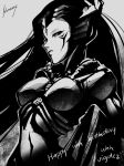  1girl absurdres artist_request bad_link black_bodysuit black_sclera blame! bodysuit breasts colored_sclera covered_navel greyscale happy_birthday highres long_hair looking_to_the_side medium_breasts monochrome parted_lips pcell skin_tight solo 