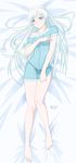  alfred_cullado blue_eyes blush covering covering_breasts dakimakura full_body lingerie long_hair off_shoulder panties rwby scar shiny shiny_skin solo underwear weiss_schnee white_hair 
