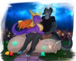  2018 5_fingers anthro barefoot claws clothed clothing detailed_background dragon duo fan_character feral gem grass horn male night outside purple_scales savemekitty scales scalie sky smile spines spyro spyro_the_dragon star starry_sky video_games western_dragon 