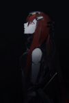  1girl absurdres black_background blame! cable commentary_request cyborg from_side hair_between_eyes headgear highres long_hair looking_at_viewer looking_to_the_side maeve_(blame!) mechanical_arms meru02295238 open_mouth red_eyes red_hair ringed_eyes sideways_glance silicon_creature_(blame!) simple_background solo straight_hair upper_body 
