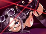  bdsm blue_eyes bondage bound bound_wrists breasts clenched_teeth futou_ryouko garter_straps glasses goggles goggles_on_head hanging_breasts idolmaster idolmaster_cinderella_girls jacket laser long_hair medium_breasts nipples open_clothes open_jacket purple_hair restrained semi-rimless_eyewear skirt solo sweat teeth thighhighs top-down_bottom-up torn_clothes under-rim_eyewear wince yagami_makino 