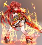  armor armored_dress belt character_name copyright_name elesis_(elsword) elsword fire free_knight_(elsword) full_body grey_background karukan_(monjya) long_hair necktie ponytail red_eyes red_hair serious shoes shorts shorts_under_skirt skirt solo sword thighhighs weapon white_legwear zettai_ryouiki 