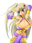  1girl blue_eyes bra breasts cleavage curvy detached_sleeves female flower green_hair hair_ornament hand_behind_head huge_breasts jewelry kud_wafter little_busters! loincloth long_hair necklace noumi_kudryavka side_ponytail simple_background solo specialblue standing underwear white_background 