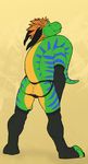  anus blue_eyes dragon drake jockstrap legwear lifted_tail looking_at_viewer looking_back male no_swift presenting raised_tail scalie showing_off solo stockings underwear zelryem 