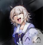  1boy 1girl animal_ears arms_behind_back bow bowtie brown_hair collarbone commentary crossover curren_chan_(umamusume) doodle_sensei_(blue_archive) ear_bow ear_covers false_smile highres horse_ears horse_girl jichou_senshi nervous_sweating open_mouth puffy_short_sleeves puffy_sleeves purple_bow purple_bowtie purple_shirt red_bow sailor_collar school_uniform sensei_(blue_archive) shirt short_hair short_sleeves smile summer_uniform sweat teeth tracen_school_uniform umamusume upper_teeth_only white_sailor_collar 