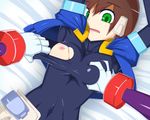  aile assisted_exposure bodysuit breast_grab breasts brown_hair grabbing green_eyes nipples prometheus_(rockman) rockman rockman_zx torn_clothes 