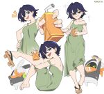  1girl :d ? @_@ absurdres alternate_costume artist_name bandana bandana_around_neck bangboo_(zenless_zone_zero) barefoot belle_(zenless_zone_zero) blue_eyes blue_hair bocchi_the_rock! cosplay dress drinking_straw eous_(zenless_zone_zero) green_dress hair_between_eyes hand_on_own_hip highres hiroi_kikuri hiroi_kikuri_(cosplay) off_shoulder once_11h orange_bandana orange_scarf sandals scarf sharp_teeth simple_background single_sandal smile teeth tongue tongue_out zenless_zone_zero 