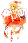  bad_id bad_pixiv_id blonde_hair blush cravat crystal demon_wings dress flandre_scarlet full_body hat highres ichitaro leg_up mary_janes mob_cap red_dress red_footwear ribbon shoes short_hair simple_background socks solo standing standing_on_one_leg tiptoes touhou vampire white_background white_legwear wings 