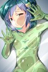  against_fourth_wall against_glass blue_hair bodysuit breasts brown_eyes fourth_wall green_bodysuit highres naka navel nipples nude original see-through sheer_bodysuit short_hair small_breasts solo 