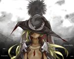  1girl back-to-back between_breasts black_hair blonde_hair breasts cape eyepatch hat hat_over_one_eye hidden_eyes highres kamijou_touma long_hair othinus small_breasts to6_l to_aru_majutsu_no_index to_aru_majutsu_no_index:_new_testament witch_hat 