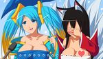  2girls ahri blush breasts cleavage covering_face heart interview large_breasts league_of_legends microphone multiple_girls parody snow sona_buvelle special_feeling_(meme) spoken_heart umbrella xano 