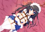  apron arms_behind_back artist_request bdsm black_hair blue_eyes blush bondage bound breasts character_request crotch_rope female hamuta highres long_hair looking_at_viewer lying maid maid_apron maid_headdress nipples on_back original panties rope shibari solo source_request thighhighs underwear 